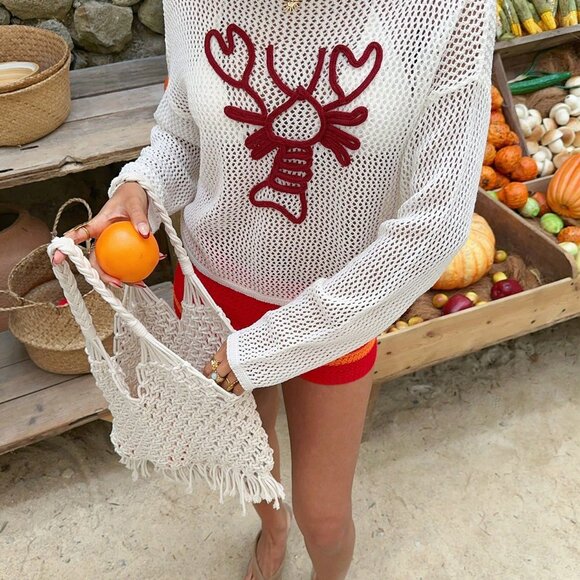 Red and White Casual Women's Oblique Shoulder Sweater with 3D Lobster Design - Picture 2 of 6